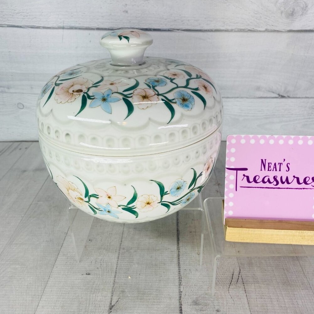 Ethan Allen FLORAL Pink Blue Green Leaves Covered Decorative Centerpiece Bowl